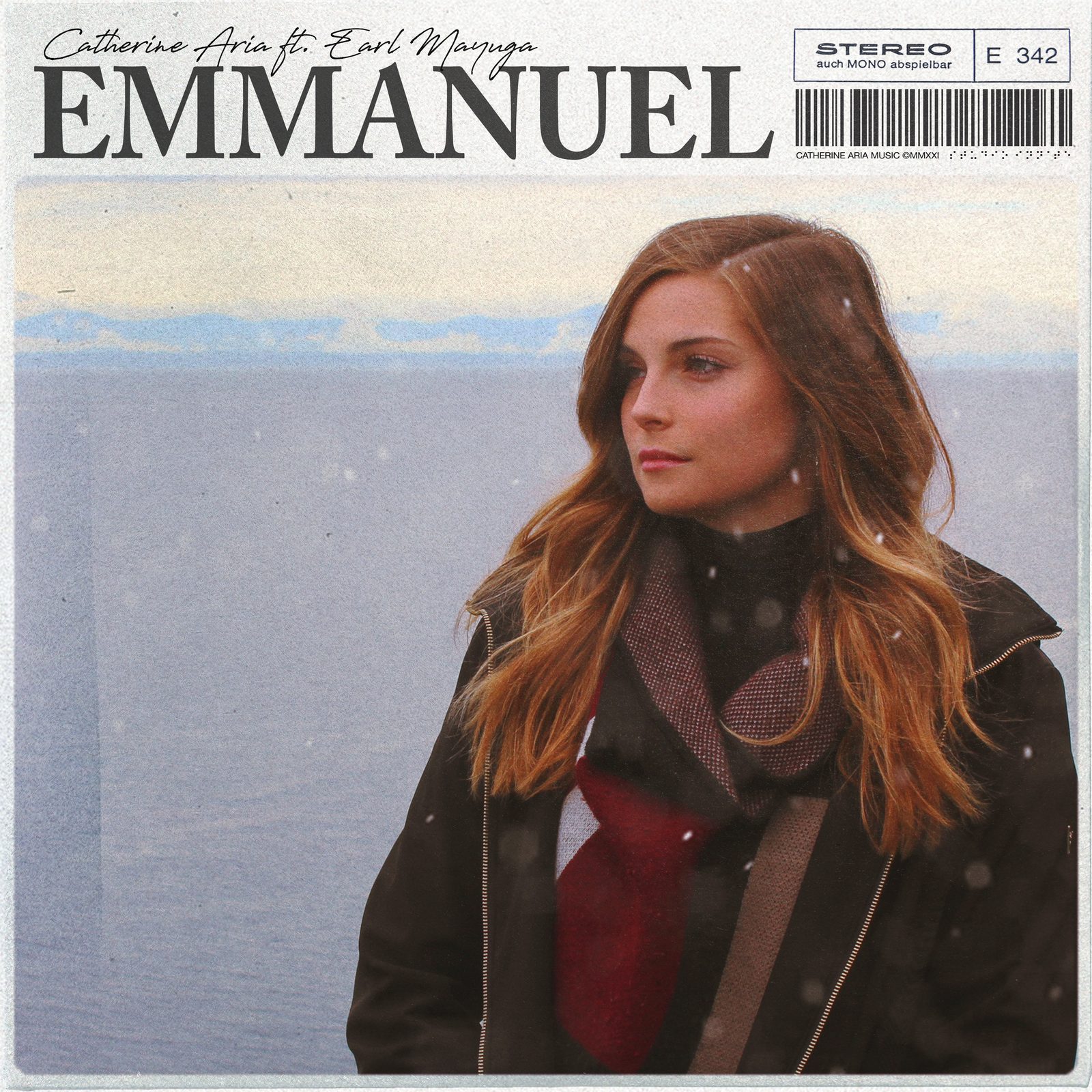 Catherine Aria ft. Earl Mayuga — Emmanuel single cover, vintage sleeve layout with winter shoreline portrait, designed by James Marshel
