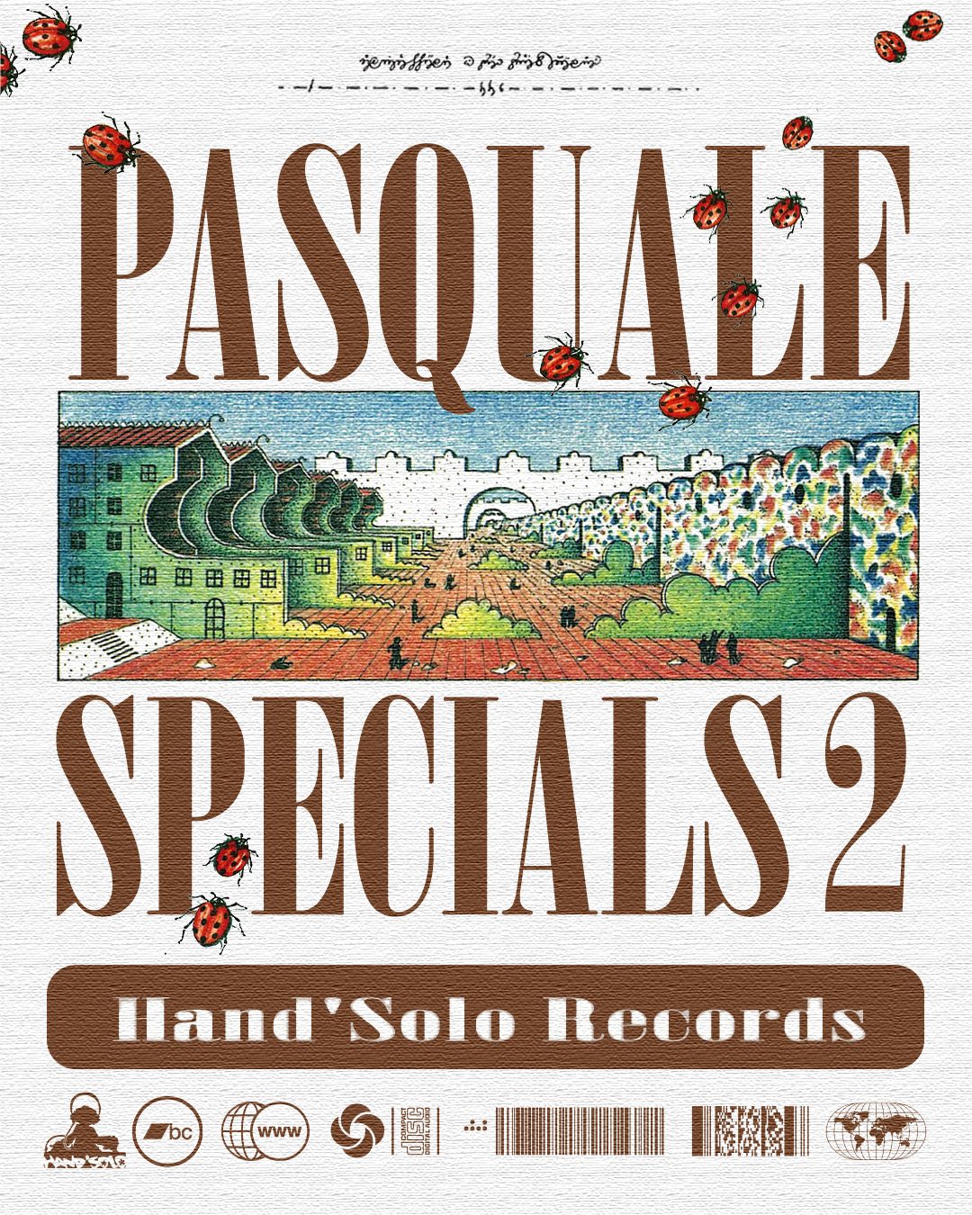 Pasquale Specials 2 — brown cover variant, walled city courtyard illustration with ladybugs, album art for Hand’Solo Records by James Marshel