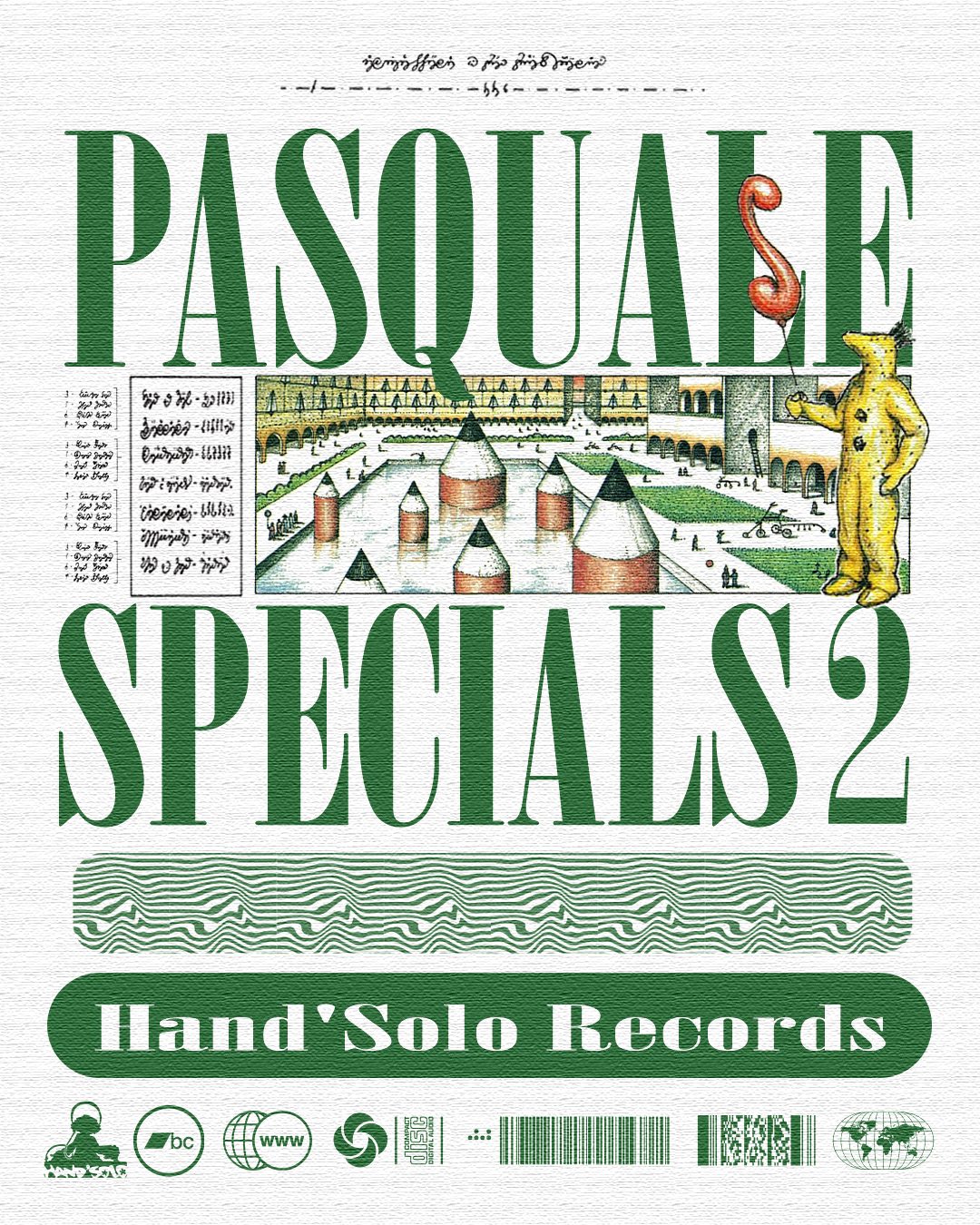 Pasquale Specials 2 — green cover variant, pencil-tower cityscape with yellow figure and red balloon, album art for Hand’Solo Records by James Marshel