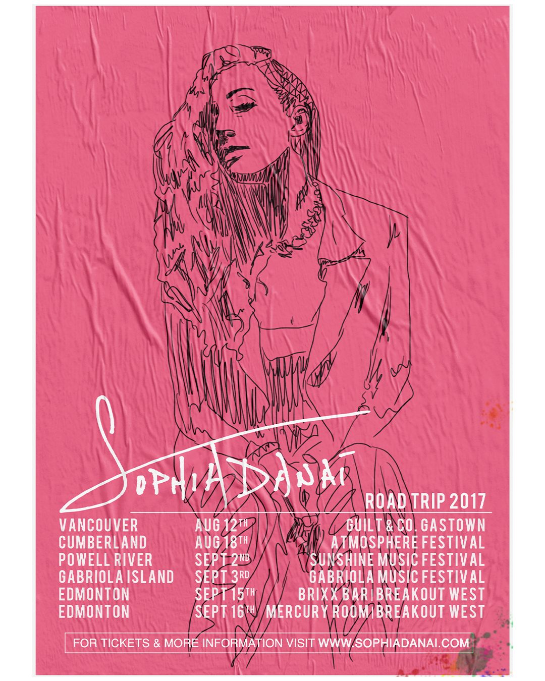 Sophia Danai — Road Trip 2017 tour poster, pink line-art design by James Marshel