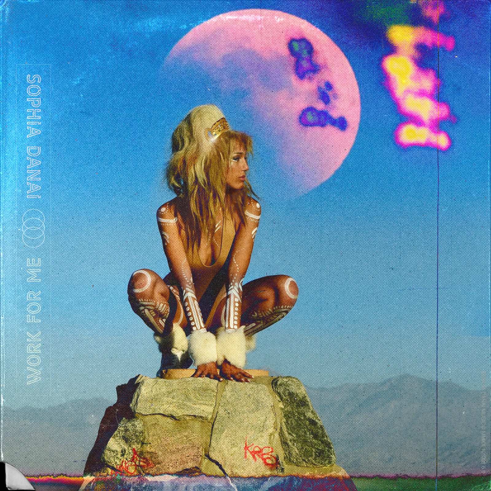 Sophia Danai — Work For Me single cover, body-paint portrait beneath a pink moon, designed by James Marshel