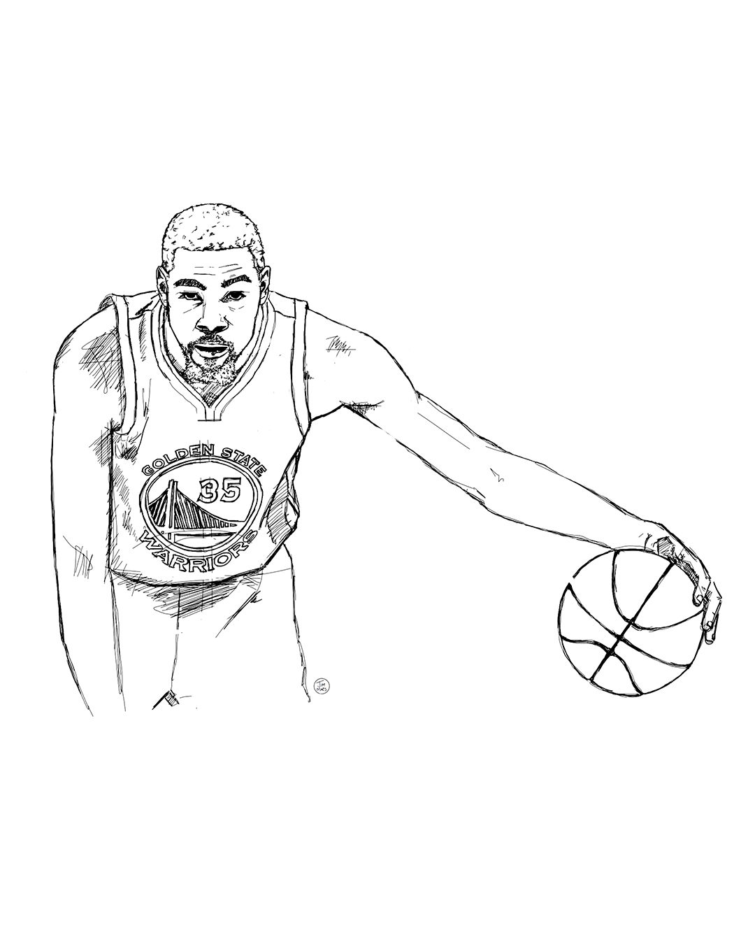 Ink drawing of a basketball player dribbling in a Golden State jersey, by James Marshel