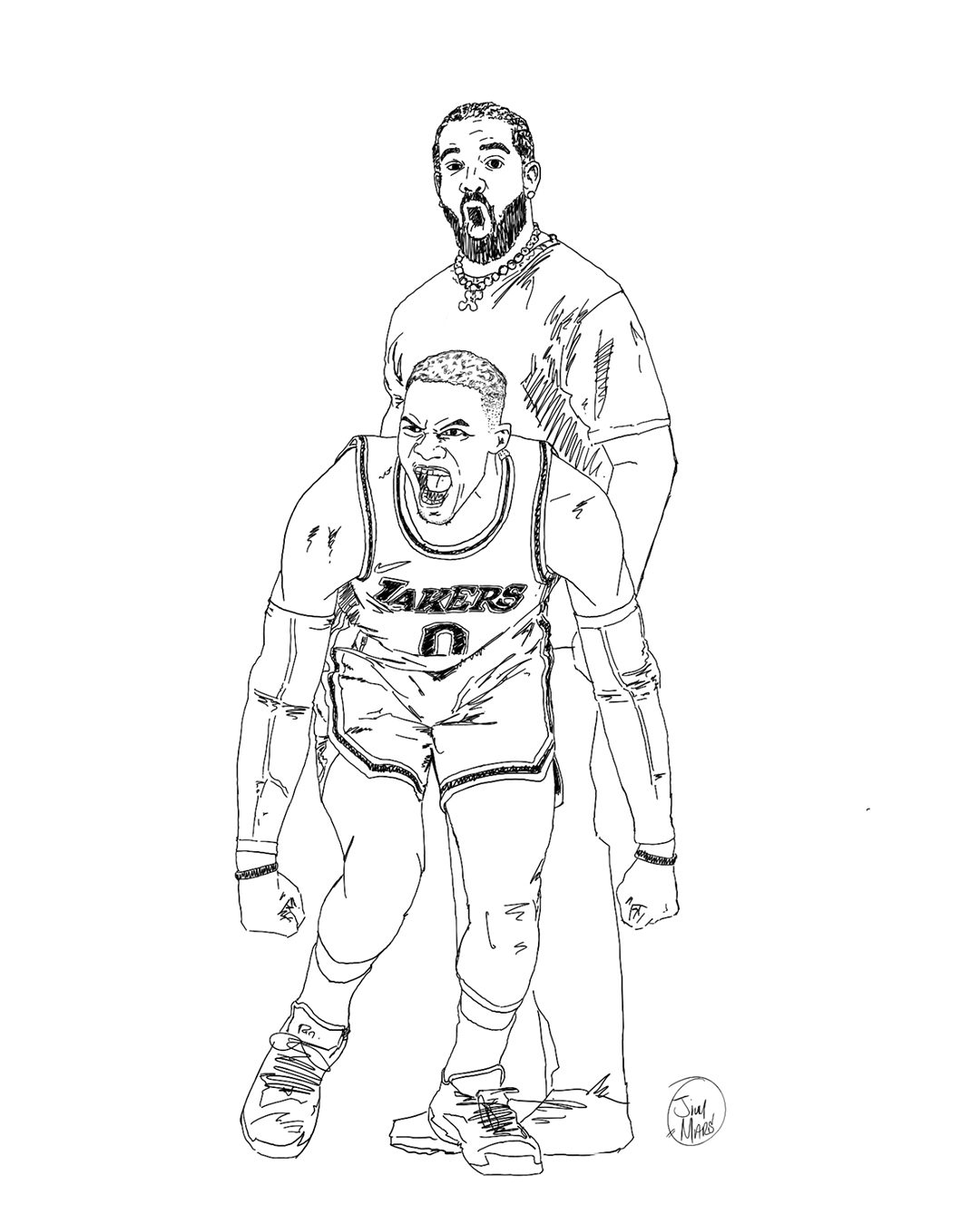Ink drawing of a shouting basketball player with a bearded figure standing behind, by James Marshel
