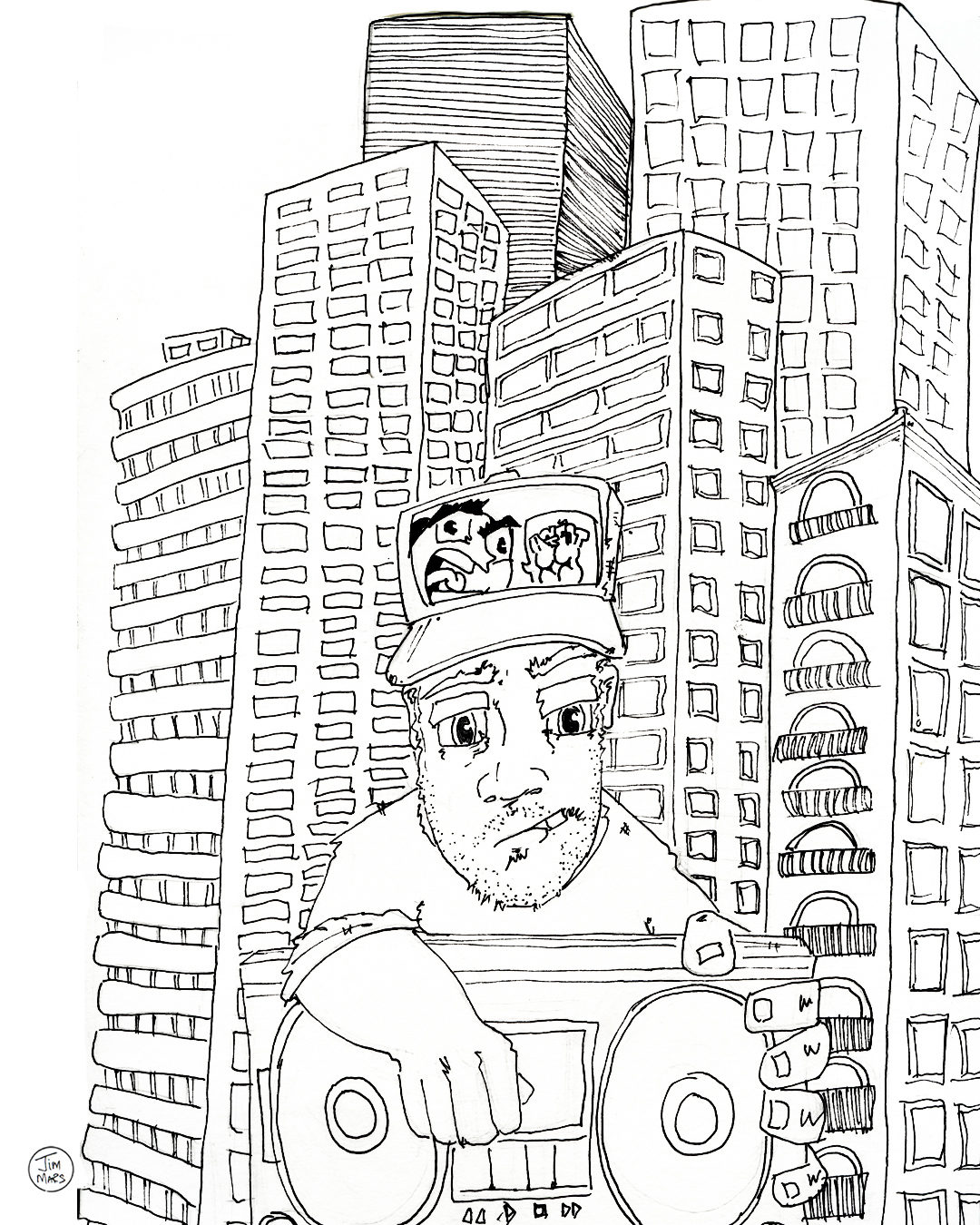 Ink drawing of a DJ at the decks in front of high-rise towers, by James Marshel