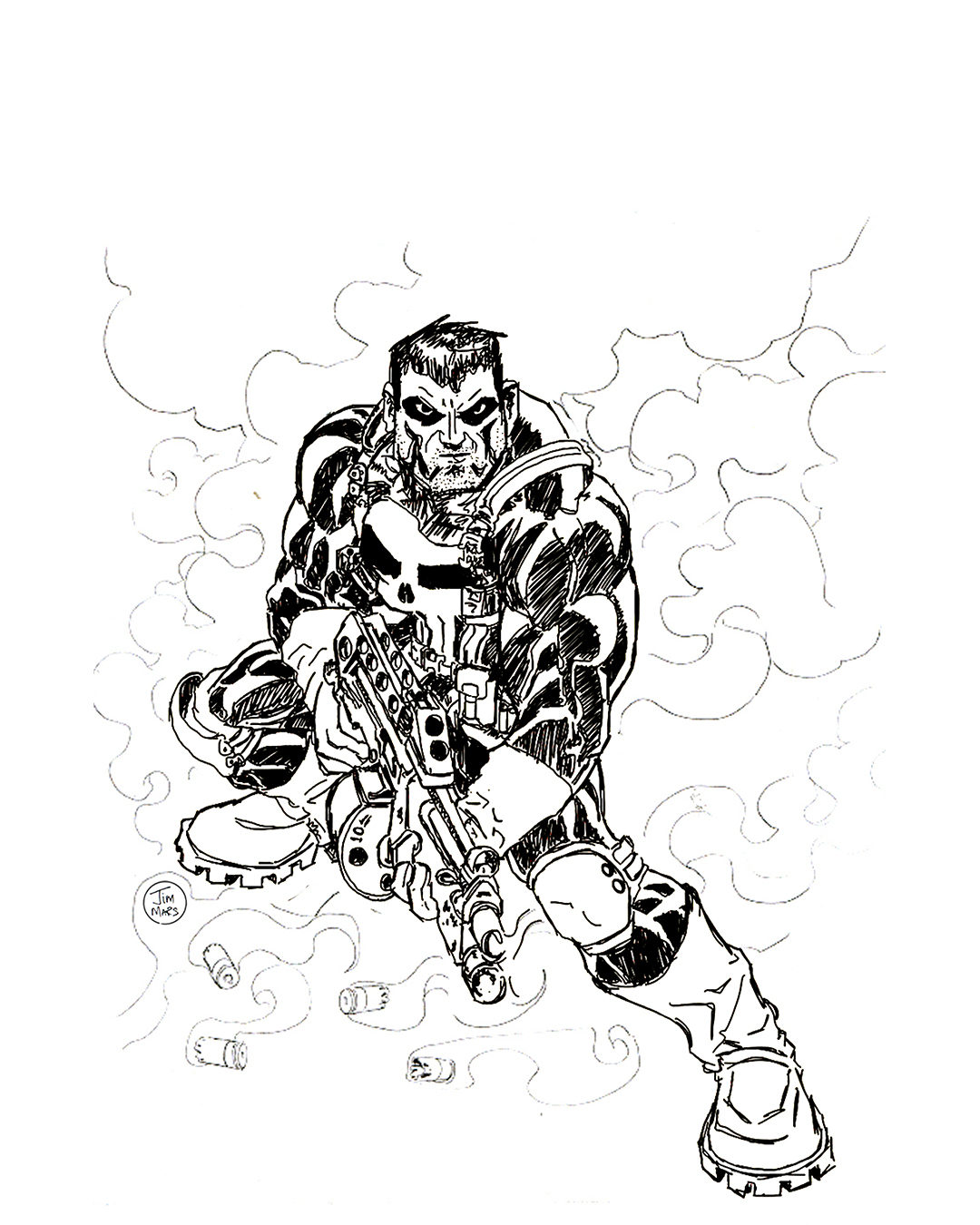 Ink drawing of a crouching skull-emblem vigilante reloading a rifle amid smoke, by James Marshel