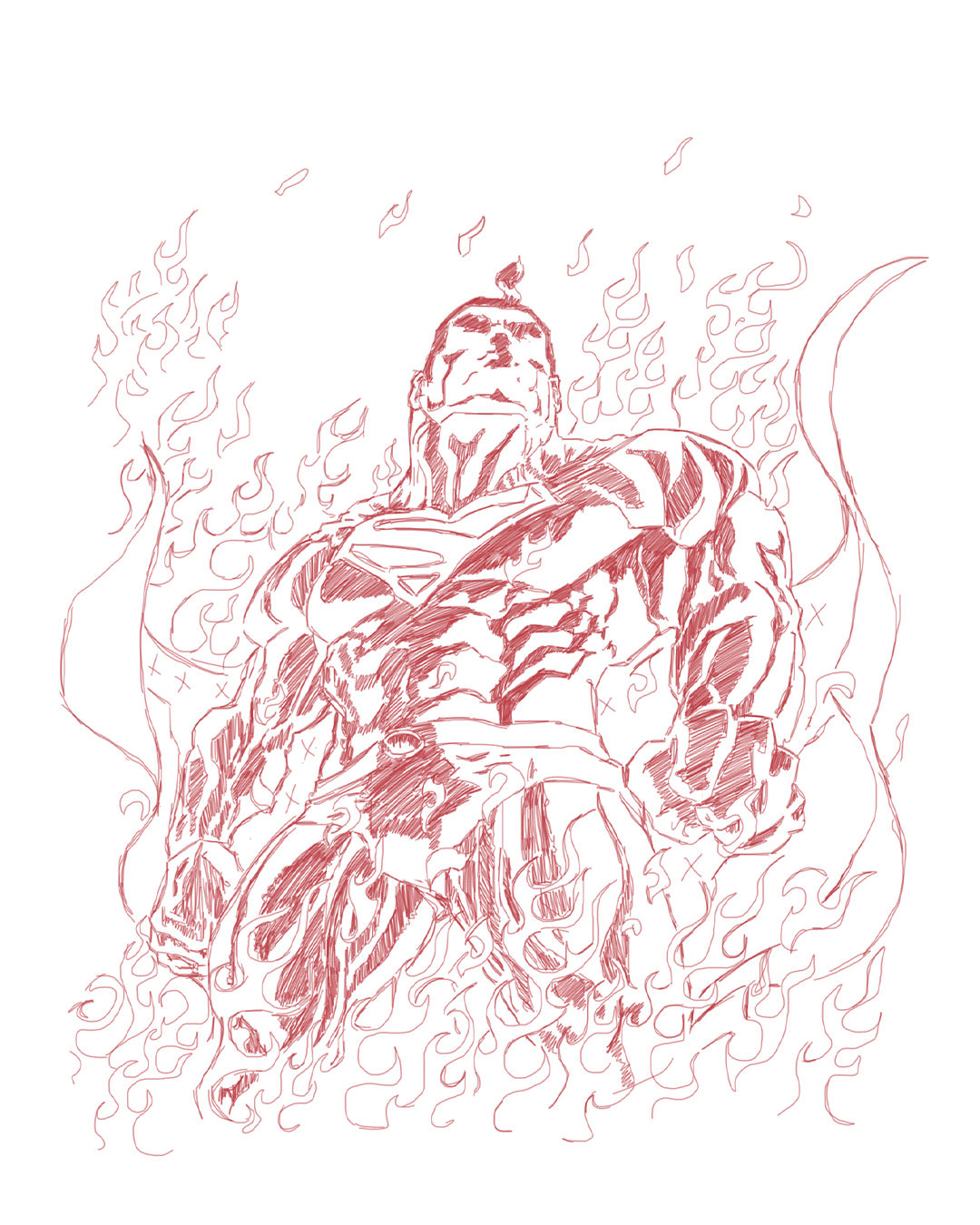 Red pen sketch of a caped hero standing in flames, by James Marshel