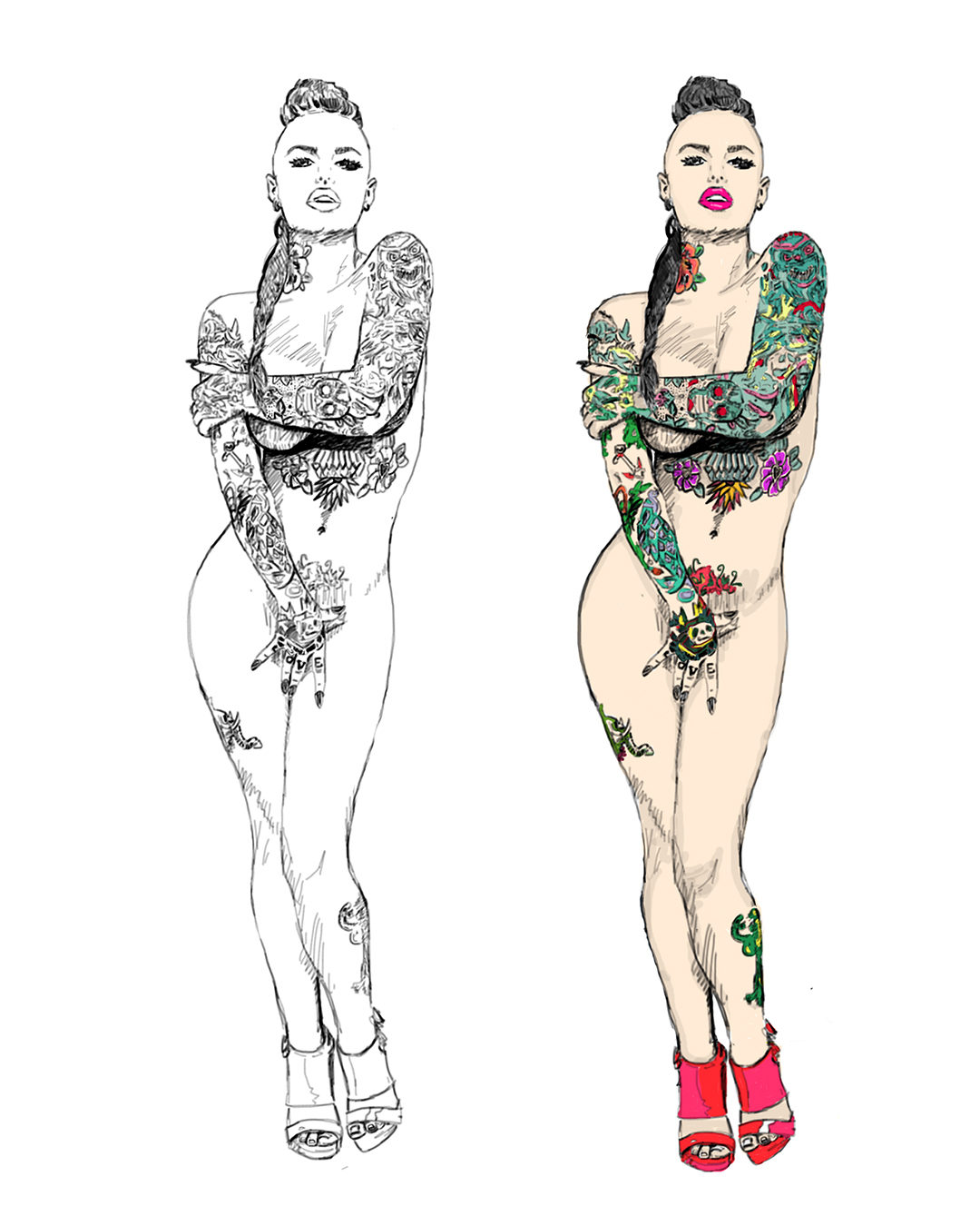 Ink and colour versions of a tattooed figure shown side by side, by James Marshel